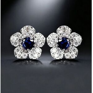 925 Sterling Silver Floral Post Earrings Deep Blue Zirconia Crystal Gemstone New